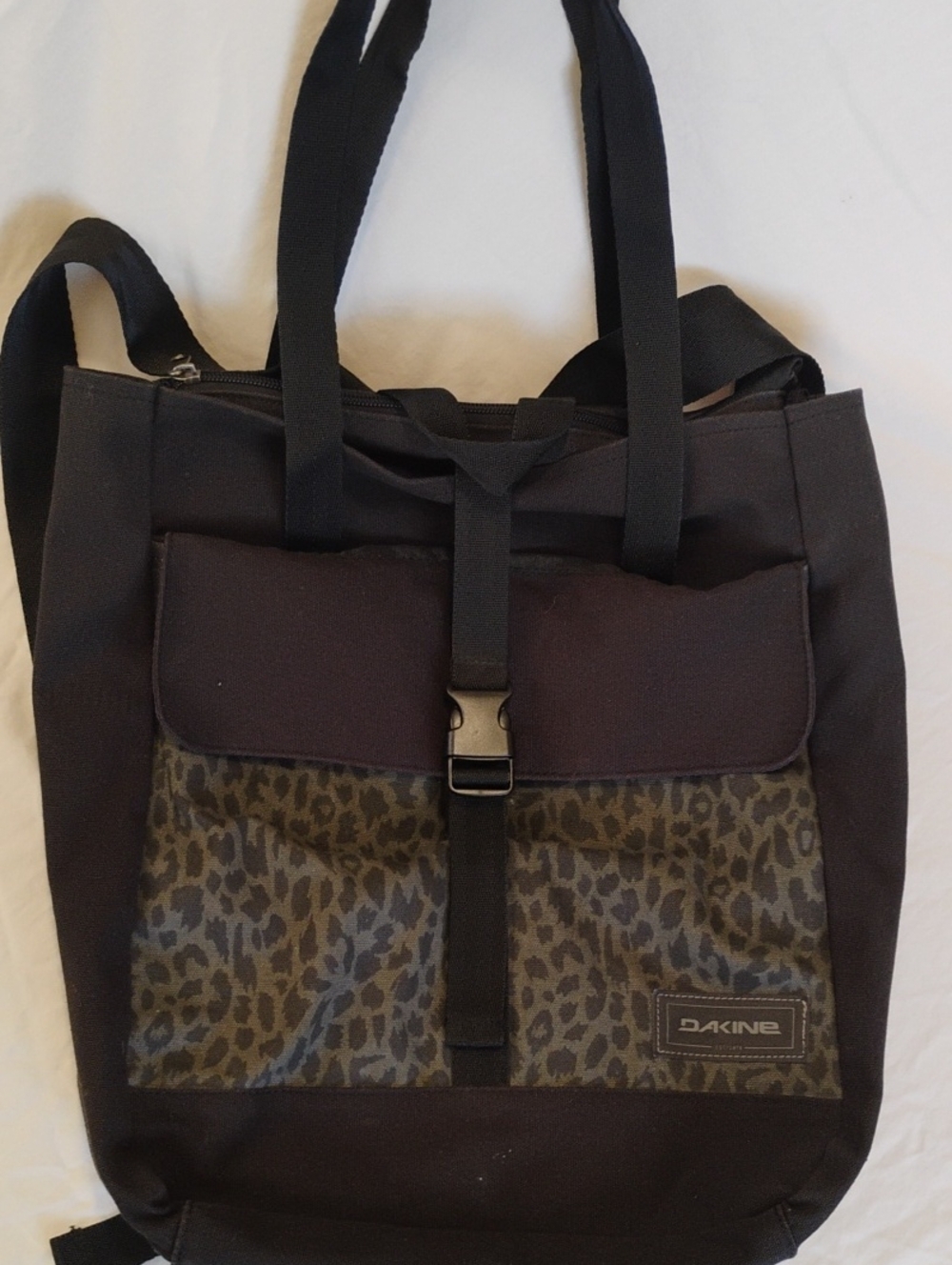 Dakine Black Tote Backpack with Leopard Print Panel
